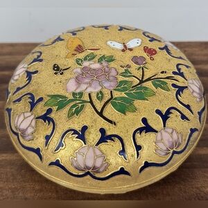 Vintage Cloisonné And Enamel Flower And Butterflies Trinket Jewelry Box Round
